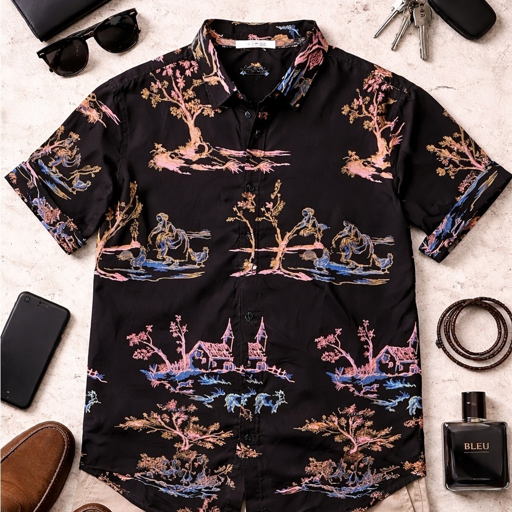 ZARA Toile Print Button Up Shirt Black Art Print Short Sleeve Size Large NWT